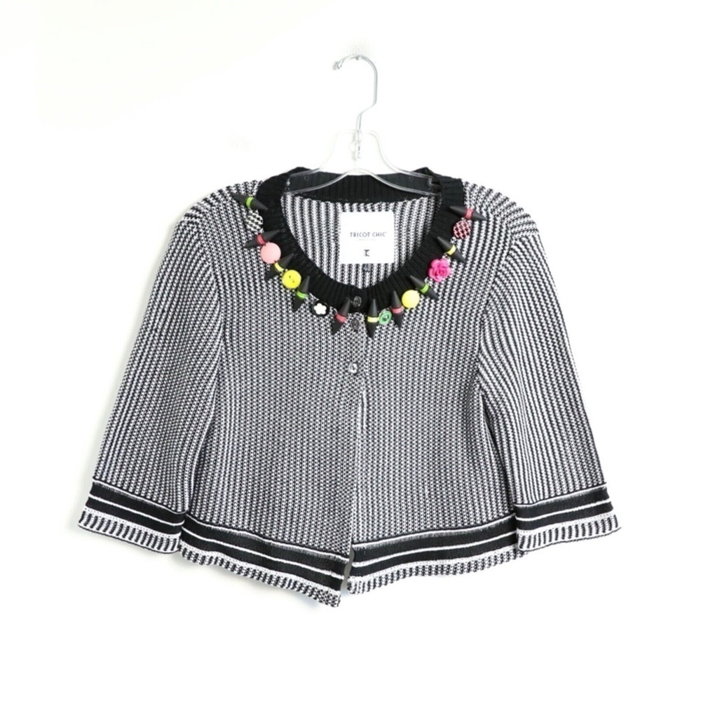 Tricot Chic Art To Wear Knit Cropped Cardigan Embellished Collar Made In Italy